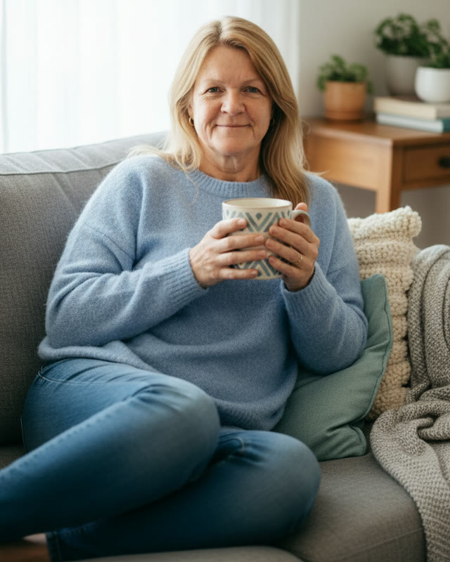 Jan smiling on a sofa in a blue jumper, holding a mug